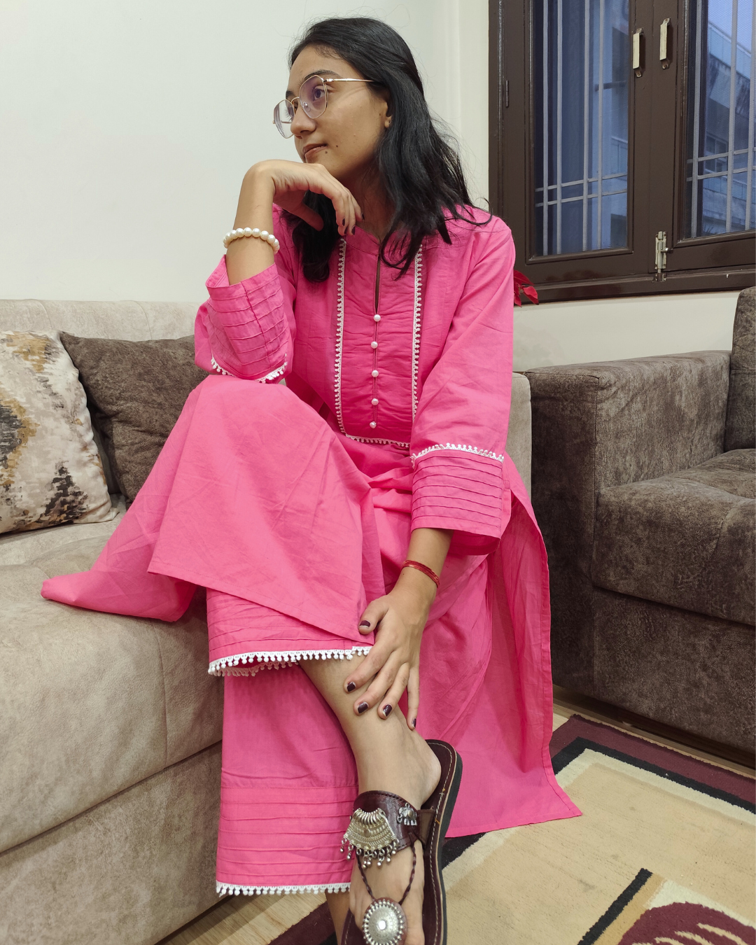 Elegant Pink Collared Cotton Kurta Set for Women – Comfortable and Stylish Work and Casual Wear