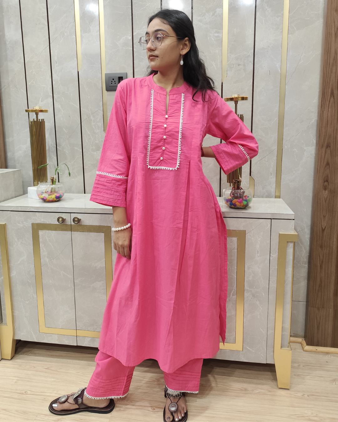 Elegant Pink Collared Cotton Kurta Set for Women – Comfortable and Stylish Work and Casual Wear