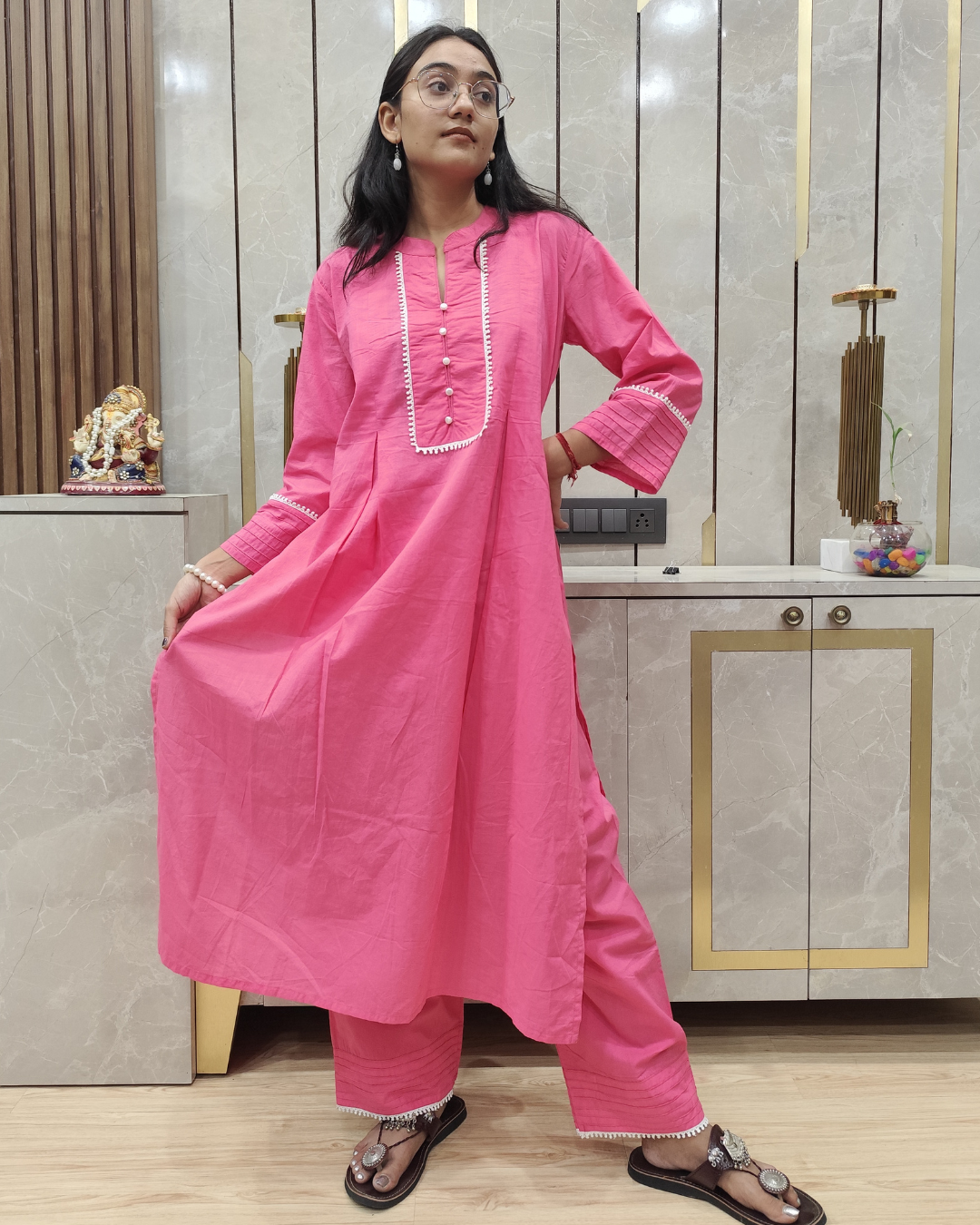 Elegant Pink Collared Cotton Kurta Set for Women – Comfortable and Stylish Work and Casual Wear