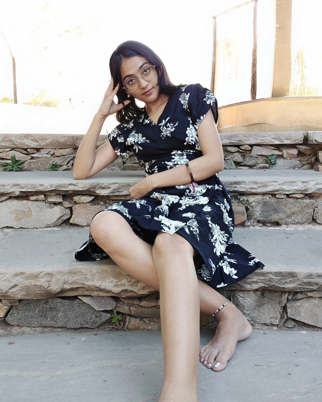 Black and White Floral Cotton Wrap Dress for Women with Pocket | Women’s Knee-Length Dress | Women Casual Short Wrap Dress