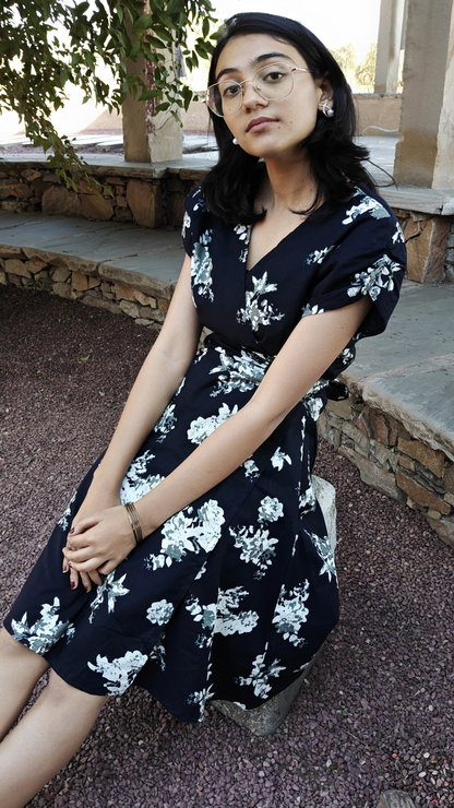 Black and White Floral Cotton Wrap Dress for Women with Pocket | Women’s Knee-Length Dress | Women Casual Short Wrap Dress