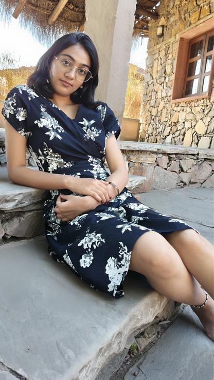 Black and White Floral Cotton Wrap Dress for Women with Pocket | Women’s Knee-Length Dress | Women Casual Short Wrap Dress