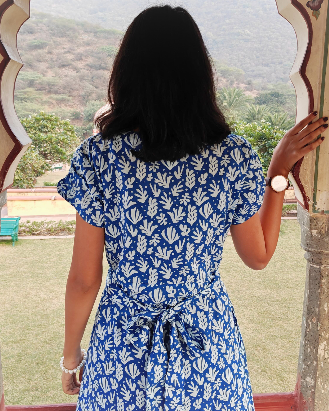 Blue Floral Cotton Short Wrap Dress for women with Short Sleeves | Summer Outfit For Women | Knee Length Dress