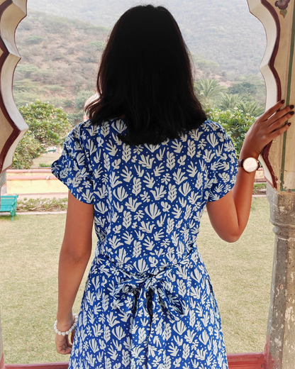Blue Floral Cotton Short Wrap Dress for women with Short Sleeves | Summer Outfit For Women | Knee Length Dress