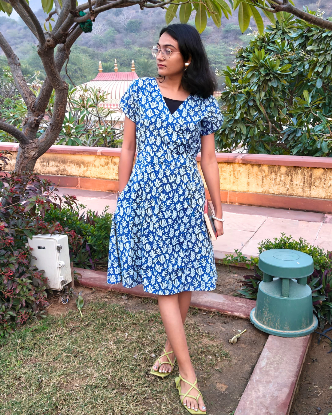 Blue Floral Cotton Short Wrap Dress for women with Short Sleeves | Summer Outfit For Women | Knee Length Dress