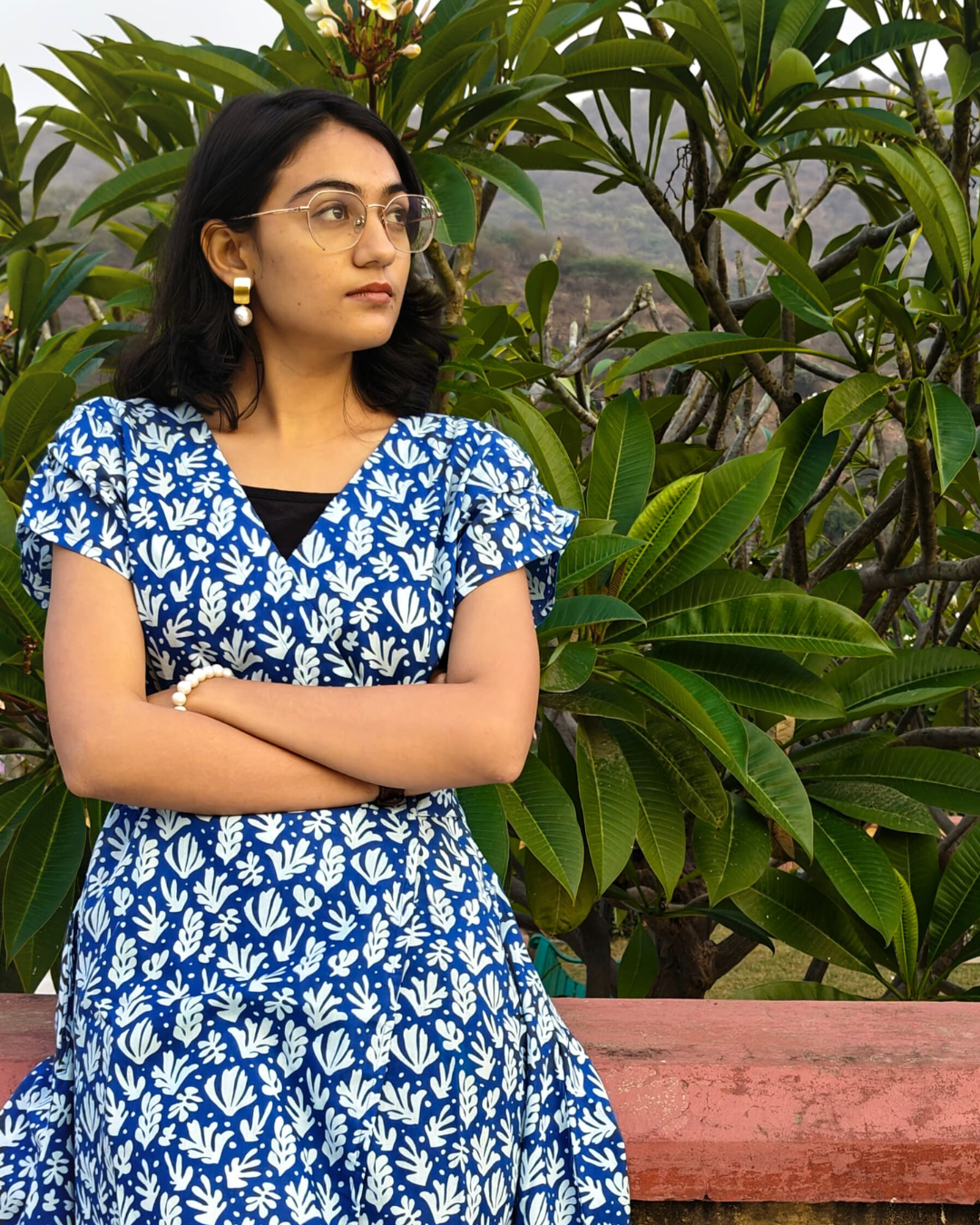 Blue Floral Cotton Short Wrap Dress for women with Short Sleeves | Summer Outfit For Women | Knee Length Dress