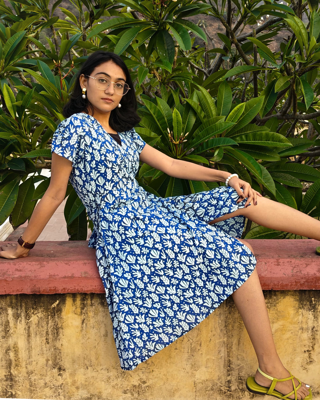 Blue Floral Cotton Short Wrap Dress for women with Short Sleeves | Summer Outfit For Women | Knee Length Dress
