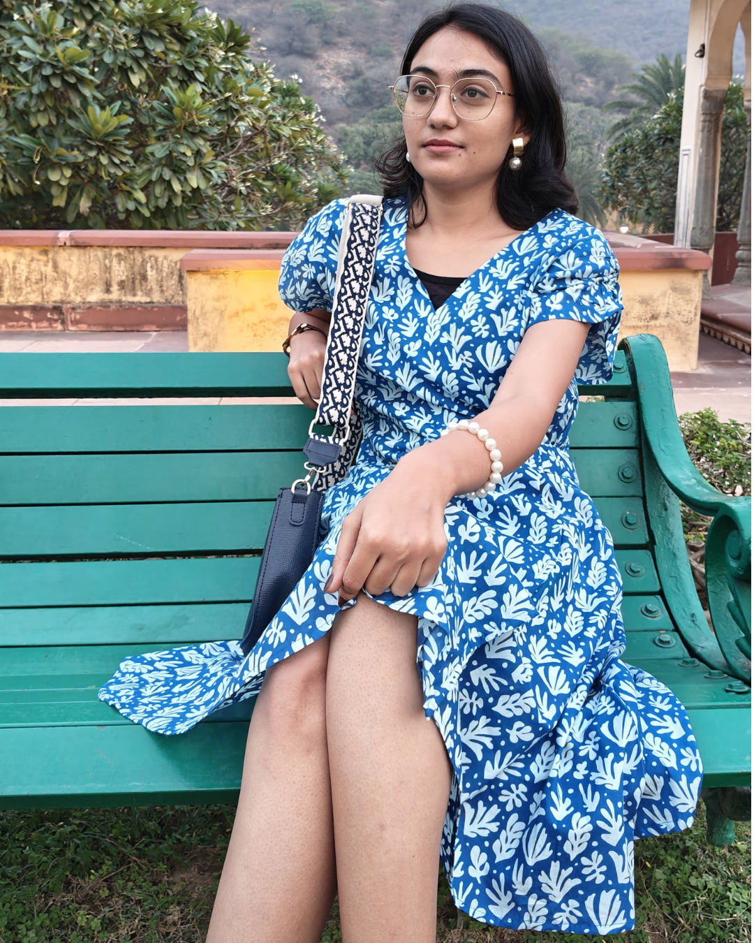 Blue Floral Cotton Short Wrap Dress for women with Short Sleeves | Summer Outfit For Women | Knee Length Dress