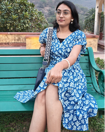 Blue Floral Cotton Short Wrap Dress for women with Short Sleeves | Summer Outfit For Women | Knee Length Dress