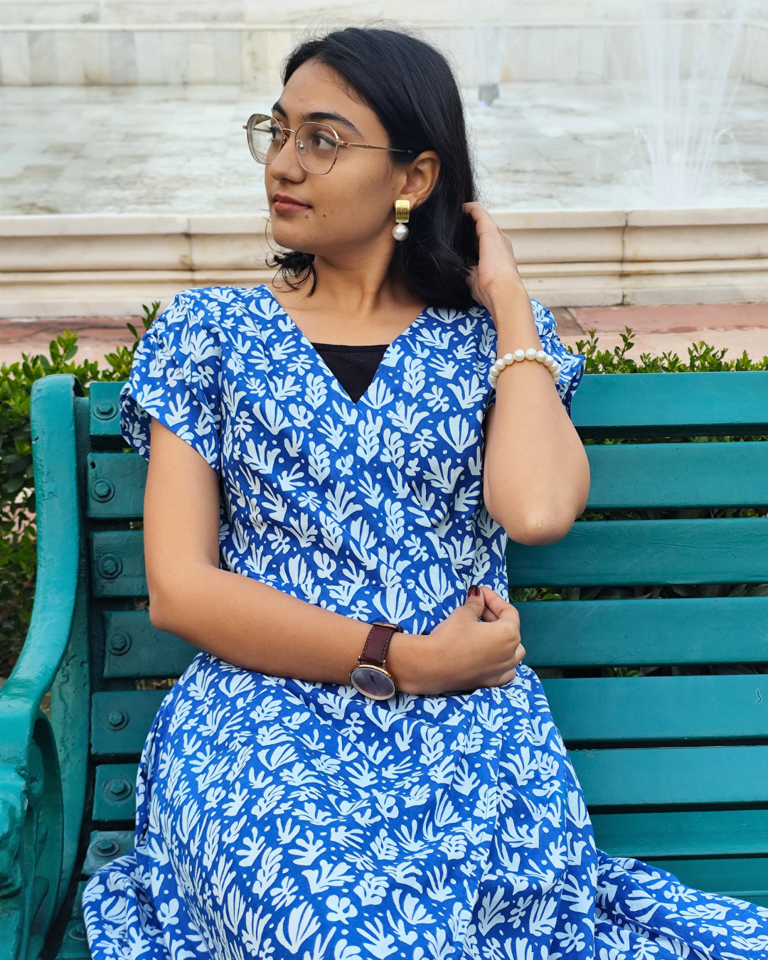 Blue Floral Cotton Short Wrap Dress for women with Short Sleeves | Summer Outfit For Women | Knee Length Dress
