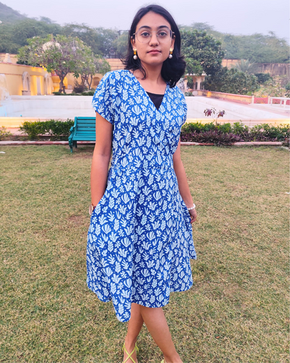 Blue Floral Cotton Short Wrap Dress for women with Short Sleeves | Summer Outfit For Women | Knee Length Dress