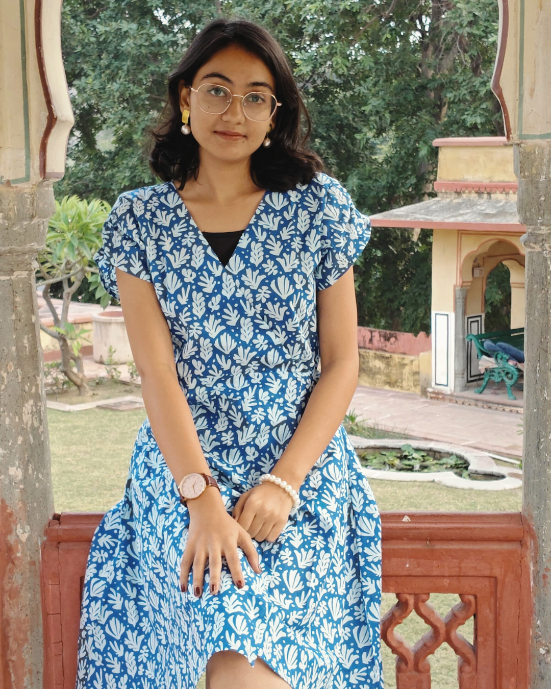 Blue Floral Cotton Short Wrap Dress for women with Short Sleeves | Summer Outfit For Women | Knee Length Dress