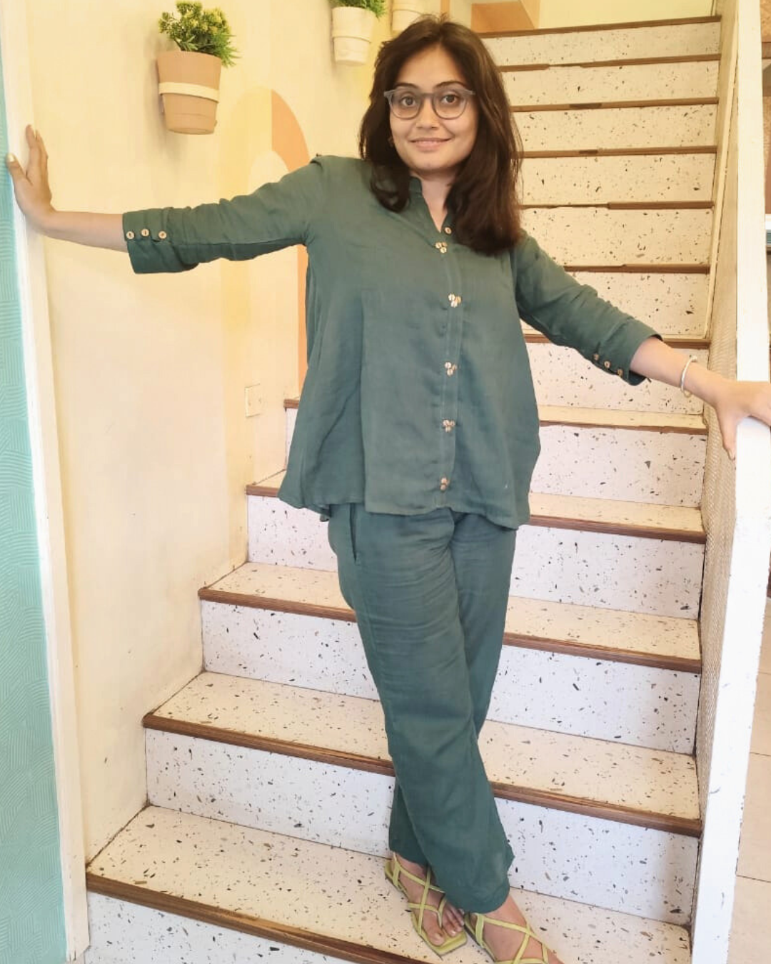 Women's Trendy Green Cotton Co-Ord Set with Mandarin Collar and Metal Embellishments, Coord sets for women, Women 2 pieces set,