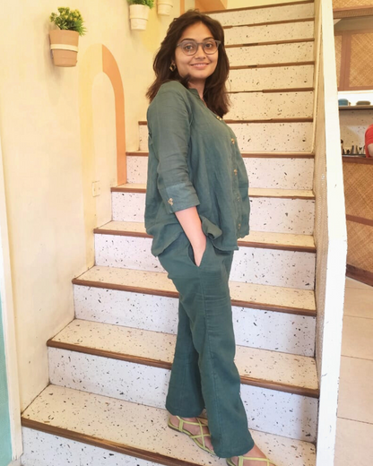 Women's Trendy Green Cotton Co-Ord Set with Mandarin Collar and Metal Embellishments, Coord sets for women, Women 2 pieces set,