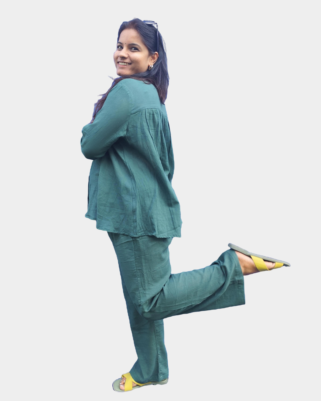 Women's Trendy Green Cotton Co-Ord Set with Mandarin Collar and Metal Embellishments, Coord sets for women, Women 2 pieces set,