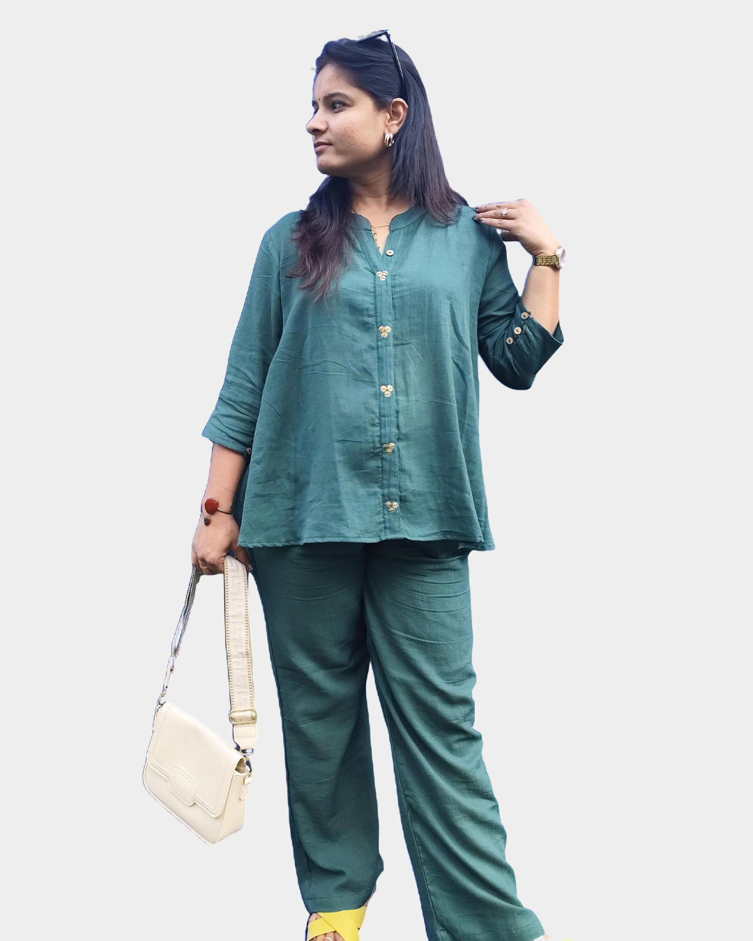 Women's Trendy Green Cotton Co-Ord Set with Mandarin Collar and Metal Embellishments, Coord sets for women, Women 2 pieces set,