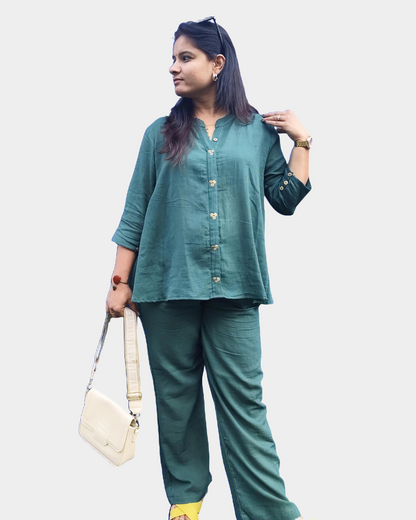 Women's Trendy Green Cotton Co-Ord Set with Mandarin Collar and Metal Embellishments, Coord sets for women, Women 2 pieces set,