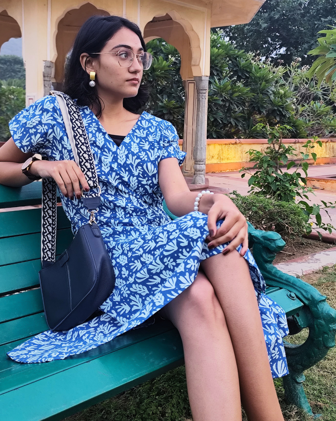 Blue Floral Cotton Short Wrap Dress for women with Short Sleeves | Summer Outfit For Women | Knee Length Dress