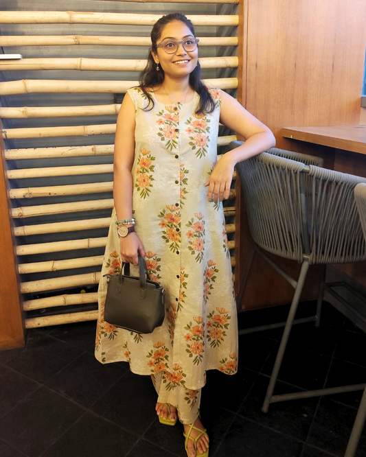 Floral Printed Beige Cotton Kurta Set for Women – Sleeveless Summer Co-ord with Pants