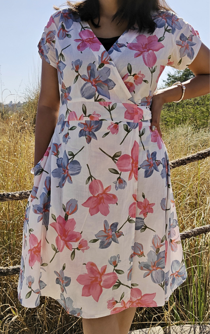 Floral White Cotton Wrap Dress for woman with Pocket | Women's Summer Dress | Knee-Length Wrap Dress - Perfect for Casual Summer Days