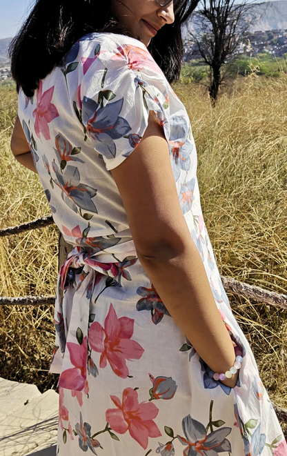 Floral White Cotton Wrap Dress for woman with Pocket | Women's Summer Dress | Knee-Length Wrap Dress - Perfect for Casual Summer Days