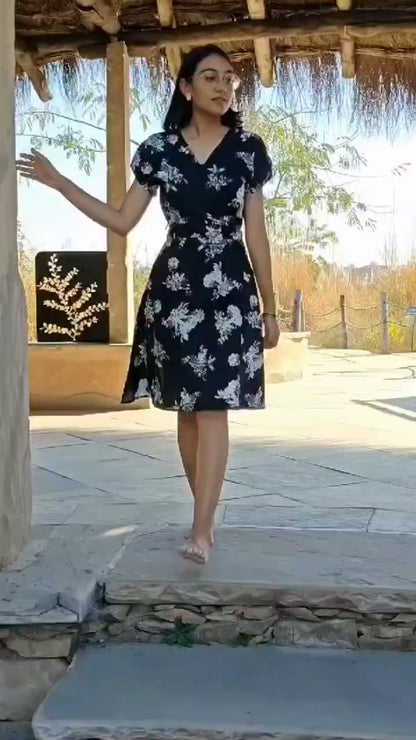 Black and White Floral Cotton Wrap Dress for Women with Pocket | Women’s Knee-Length Dress | Women Casual Short Wrap Dress